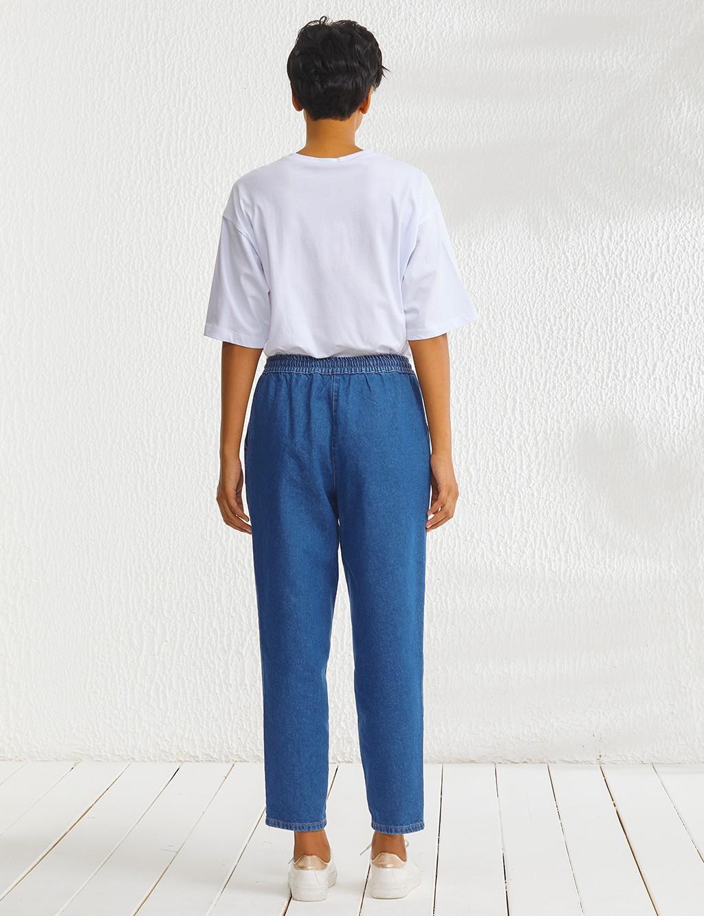 Elastic Waist Carrot Cut Denim Pants Navy