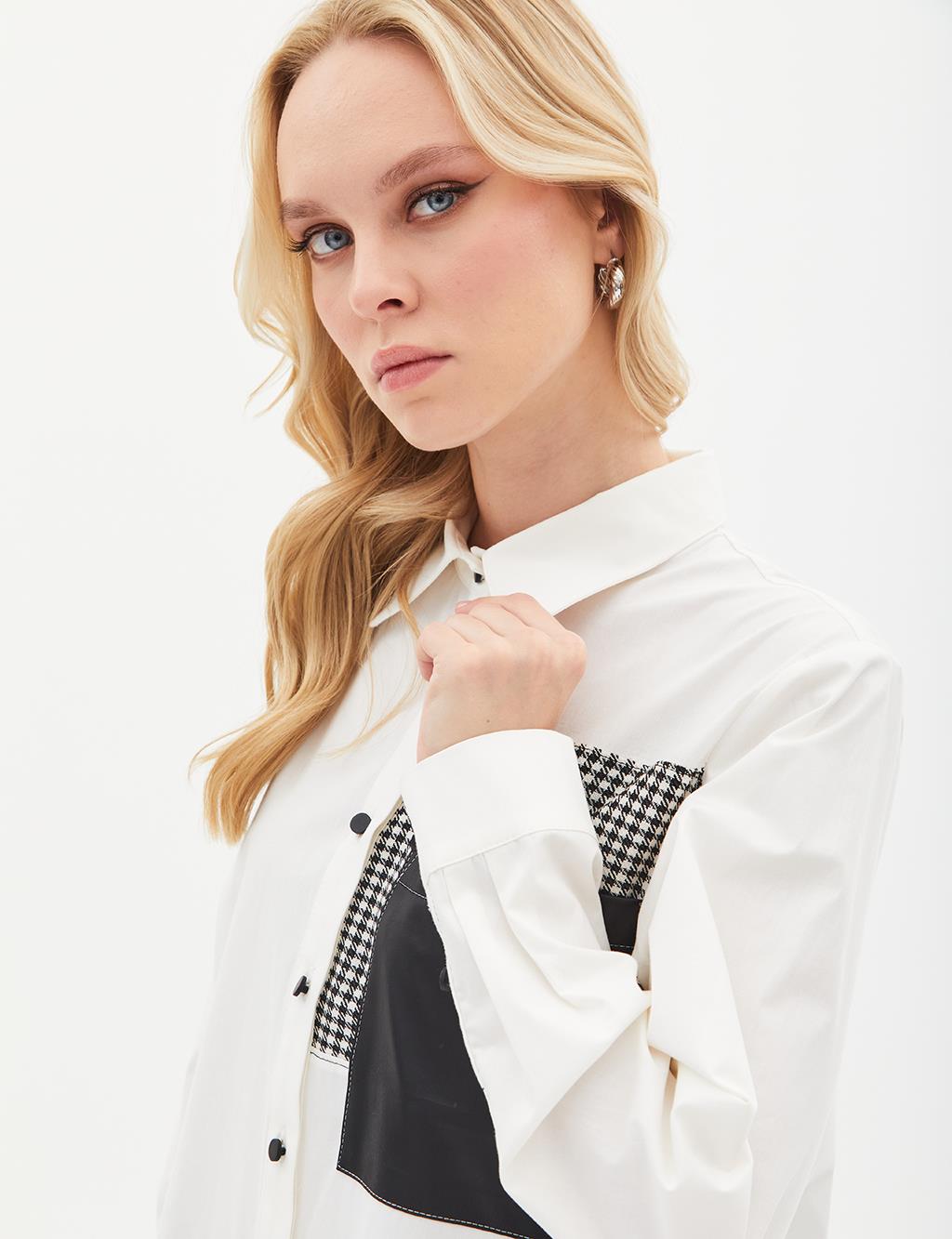 Shirt Collar Houndstooth and Leather Paneled Contrast-Stitched Shirt - Ecru