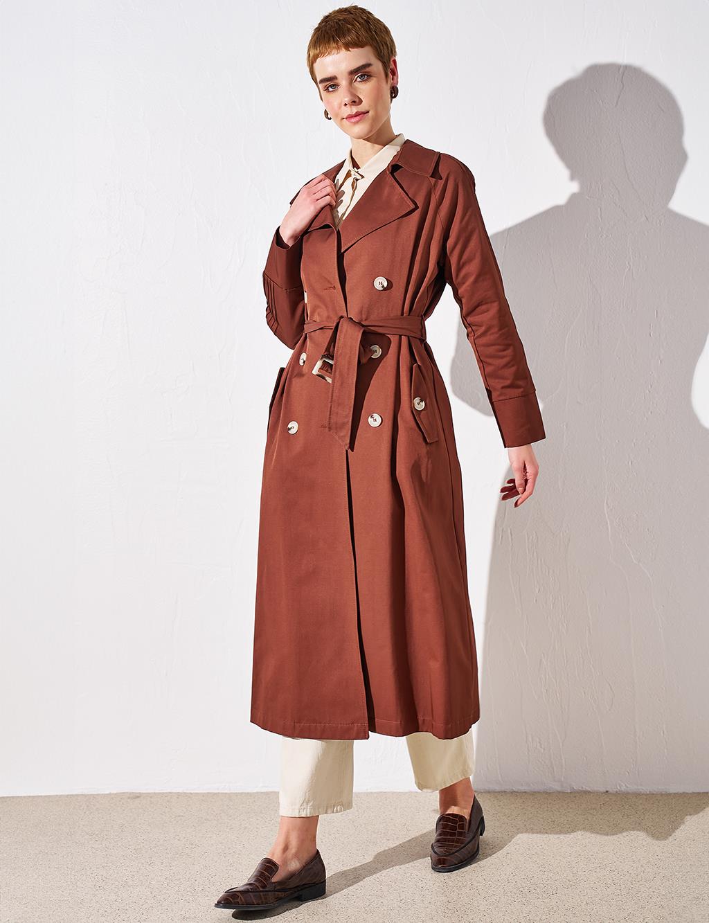 Belted Bone Buttoned Coat Brown