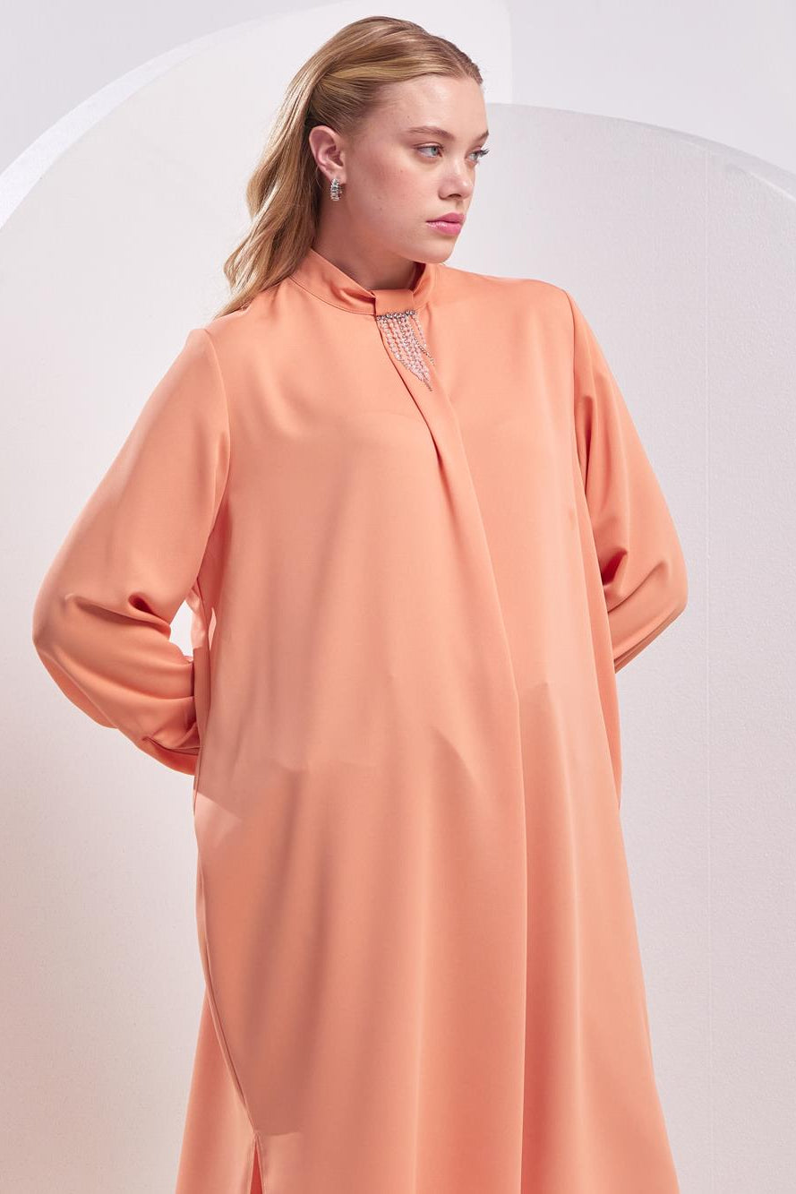 Embroidered Standing Collar Tunic Peach