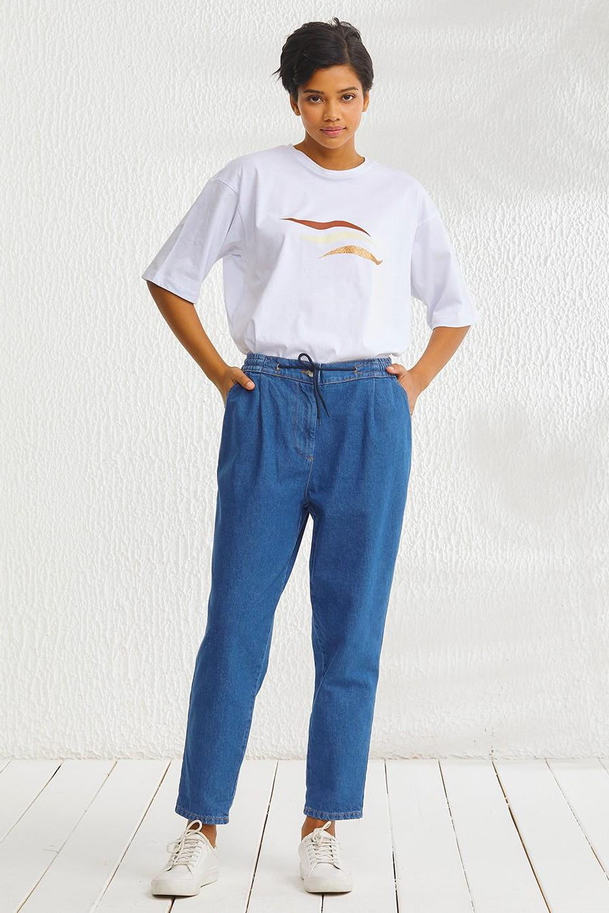 Elastic Waist Carrot Cut Denim Pants Navy